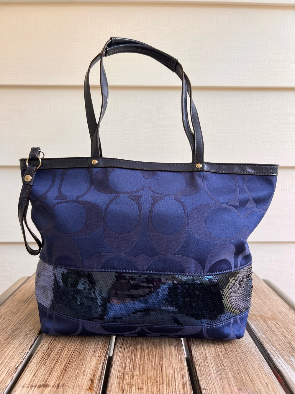 Coach F17574 Navy Blue Signature Sequin Tote Bag Purse Shoulder Handbag